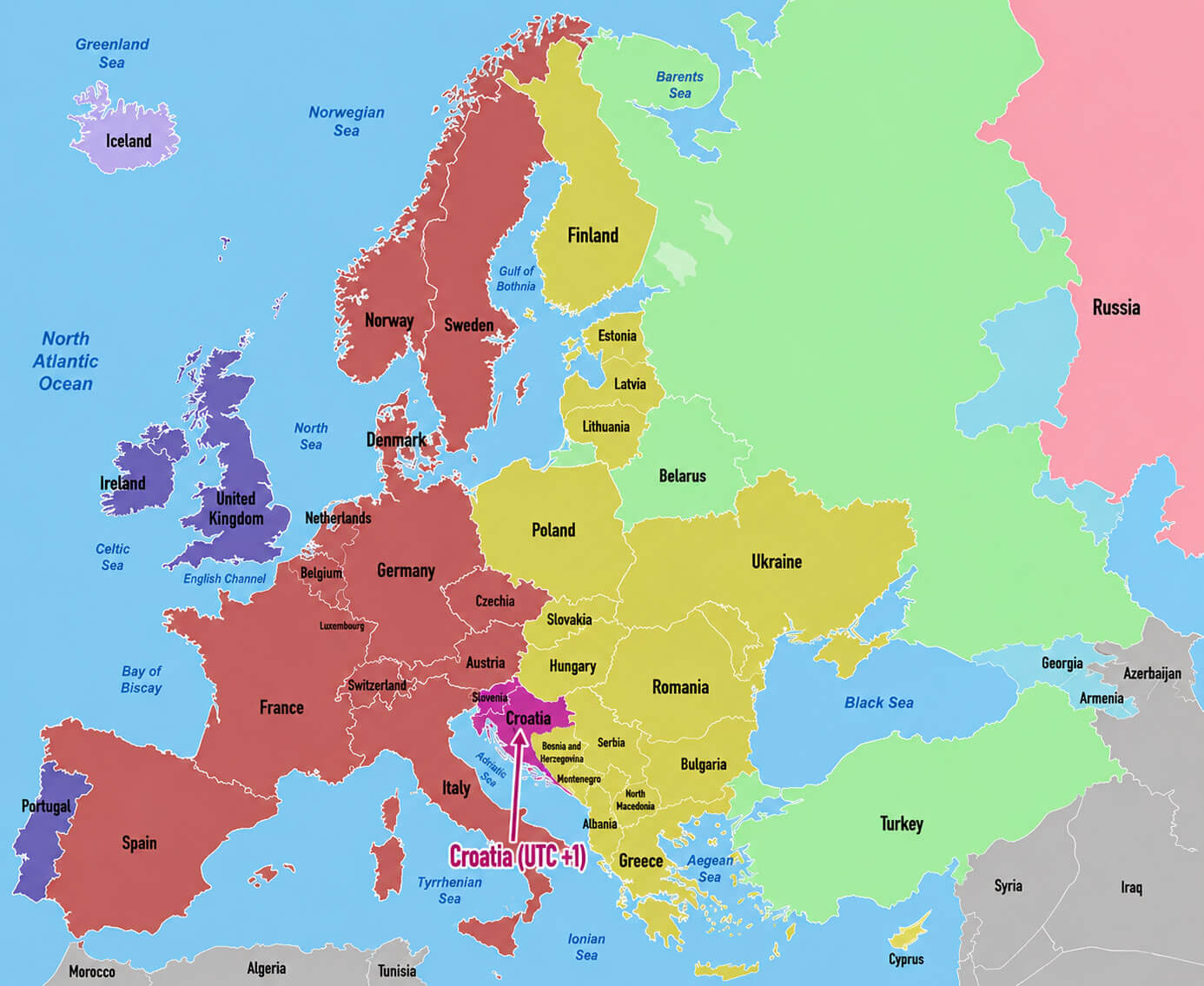 Croatia on Europe time zone map