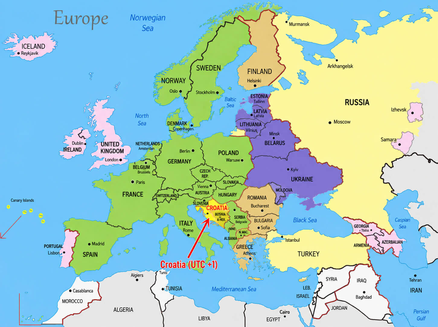 Eastern and central Europe time zones map