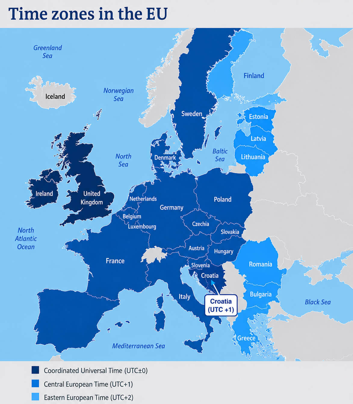 EU time zones map with Croatia