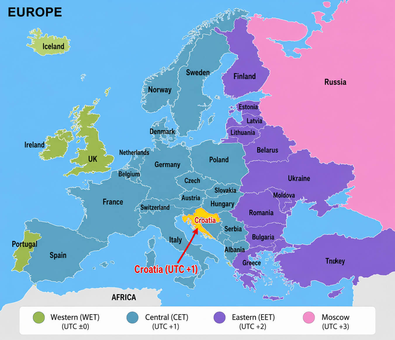 Europe time zones map with Croatia