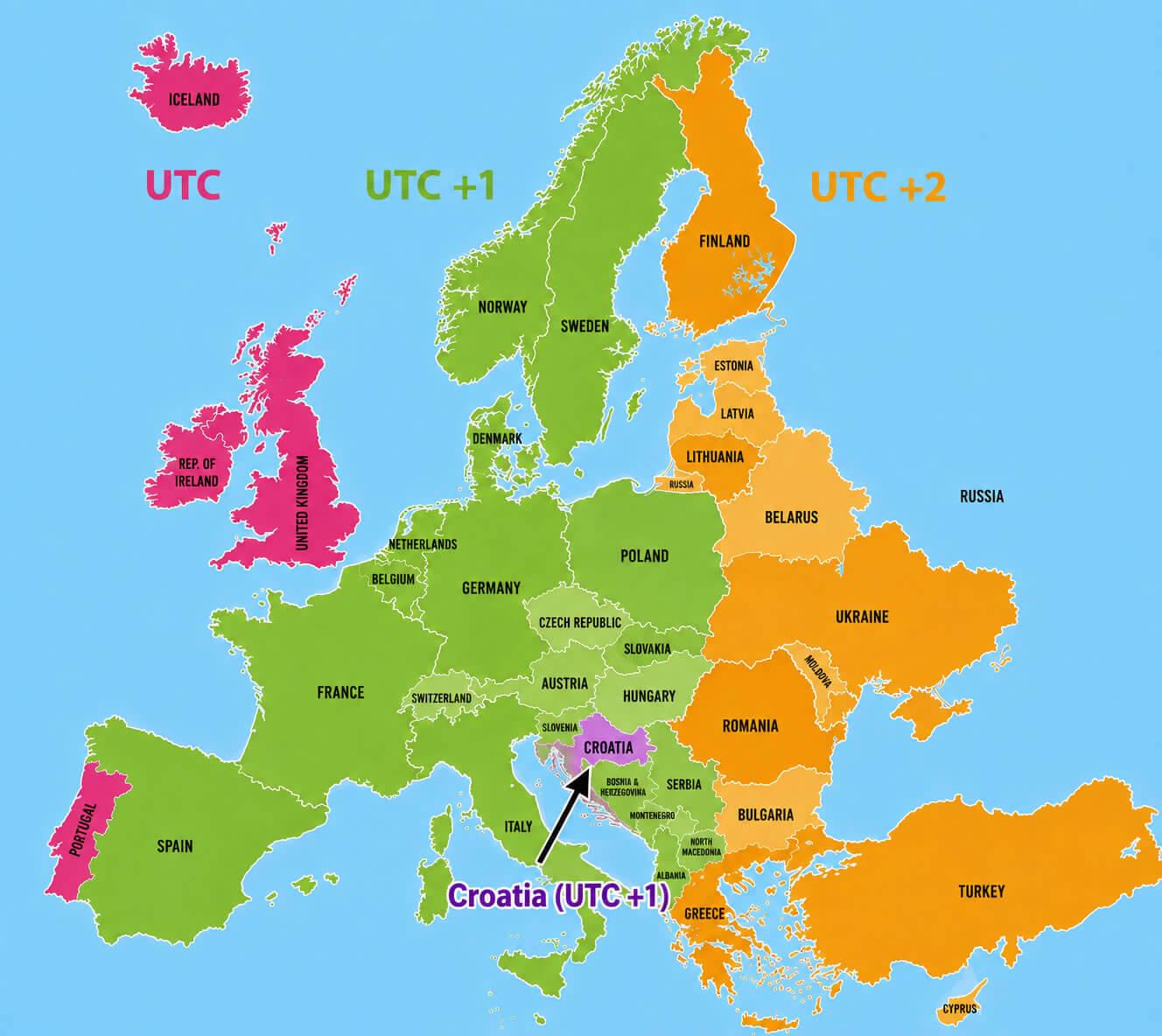 Europe UTC +1 time zone map with Croatia