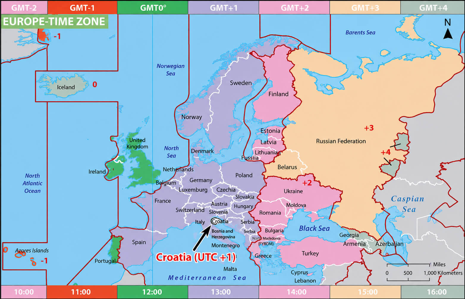 Europe UTC time zone map