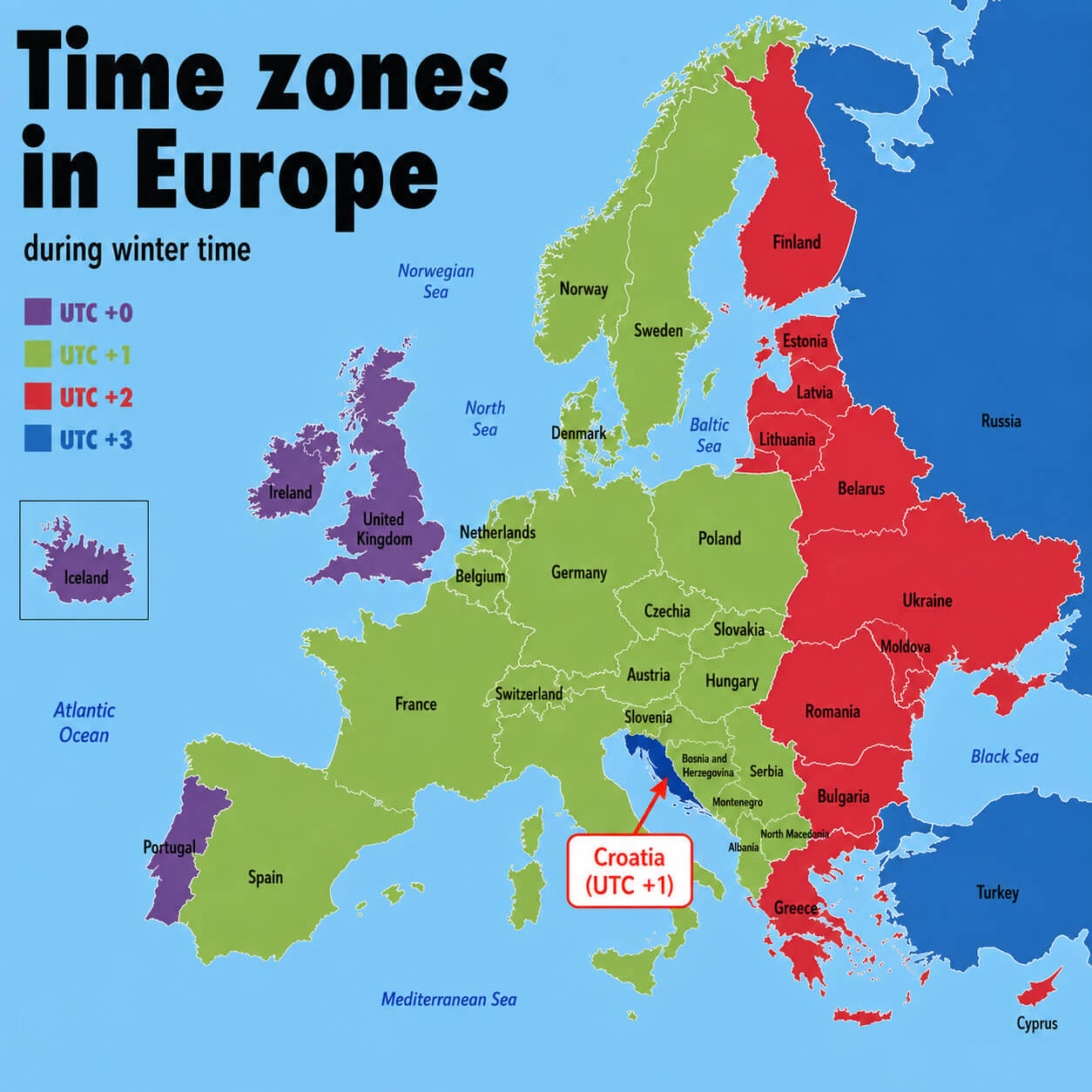 Time zones in Europe map and Croatia