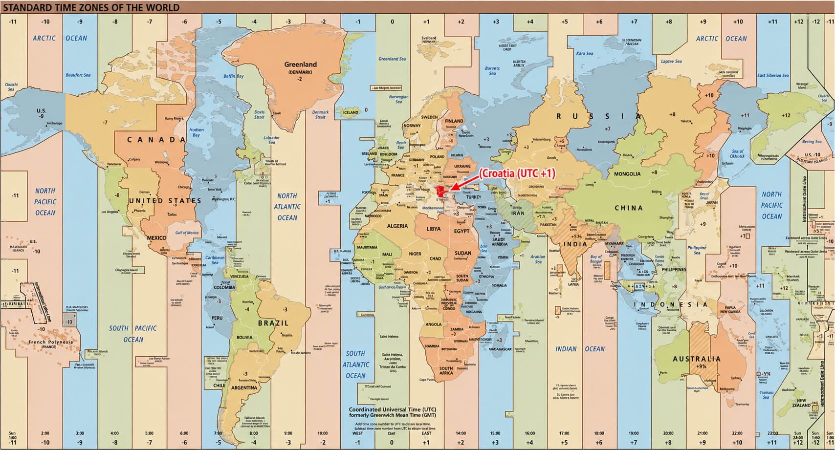 World time zone map with Croatia