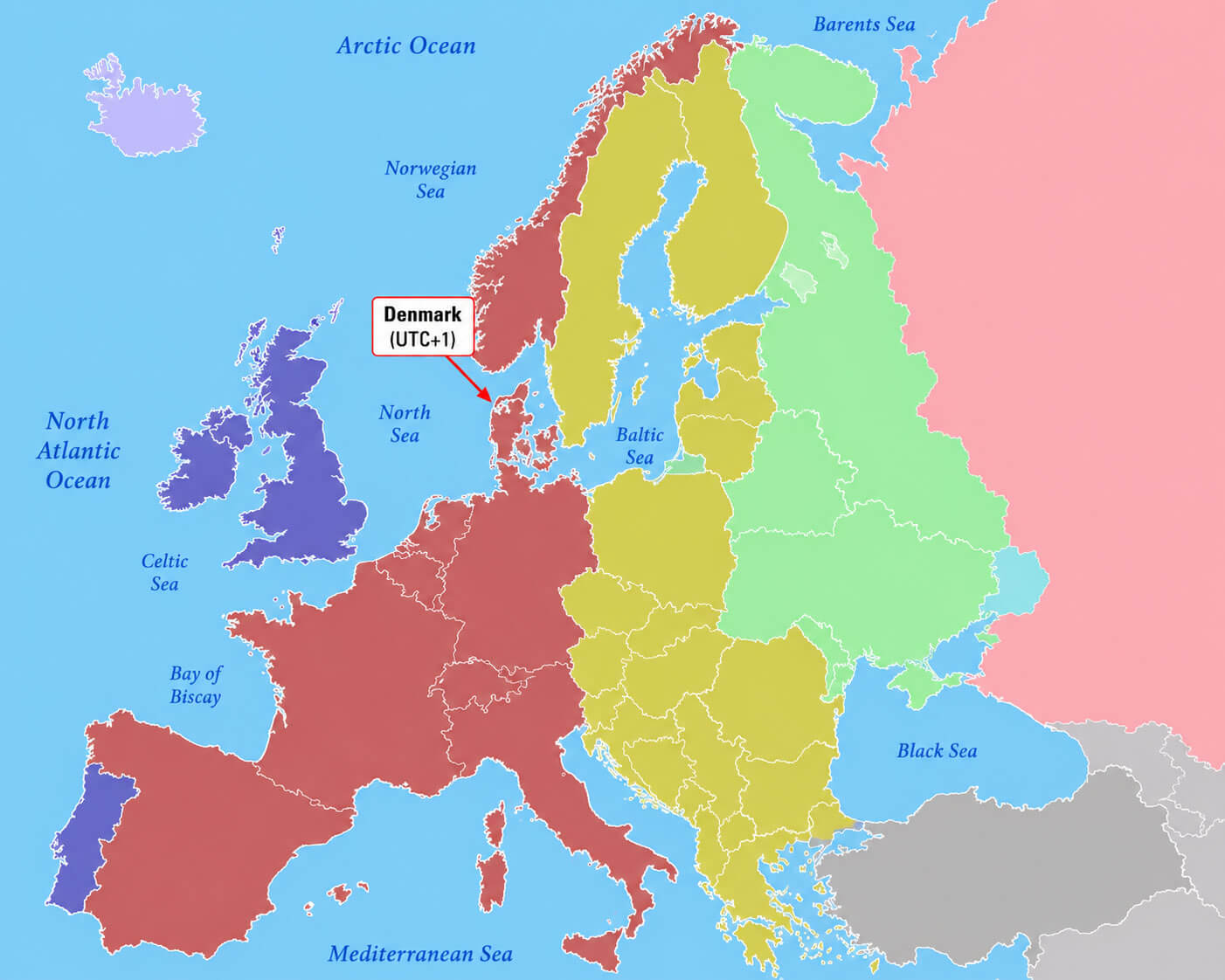 Denmark on Europe time zone map