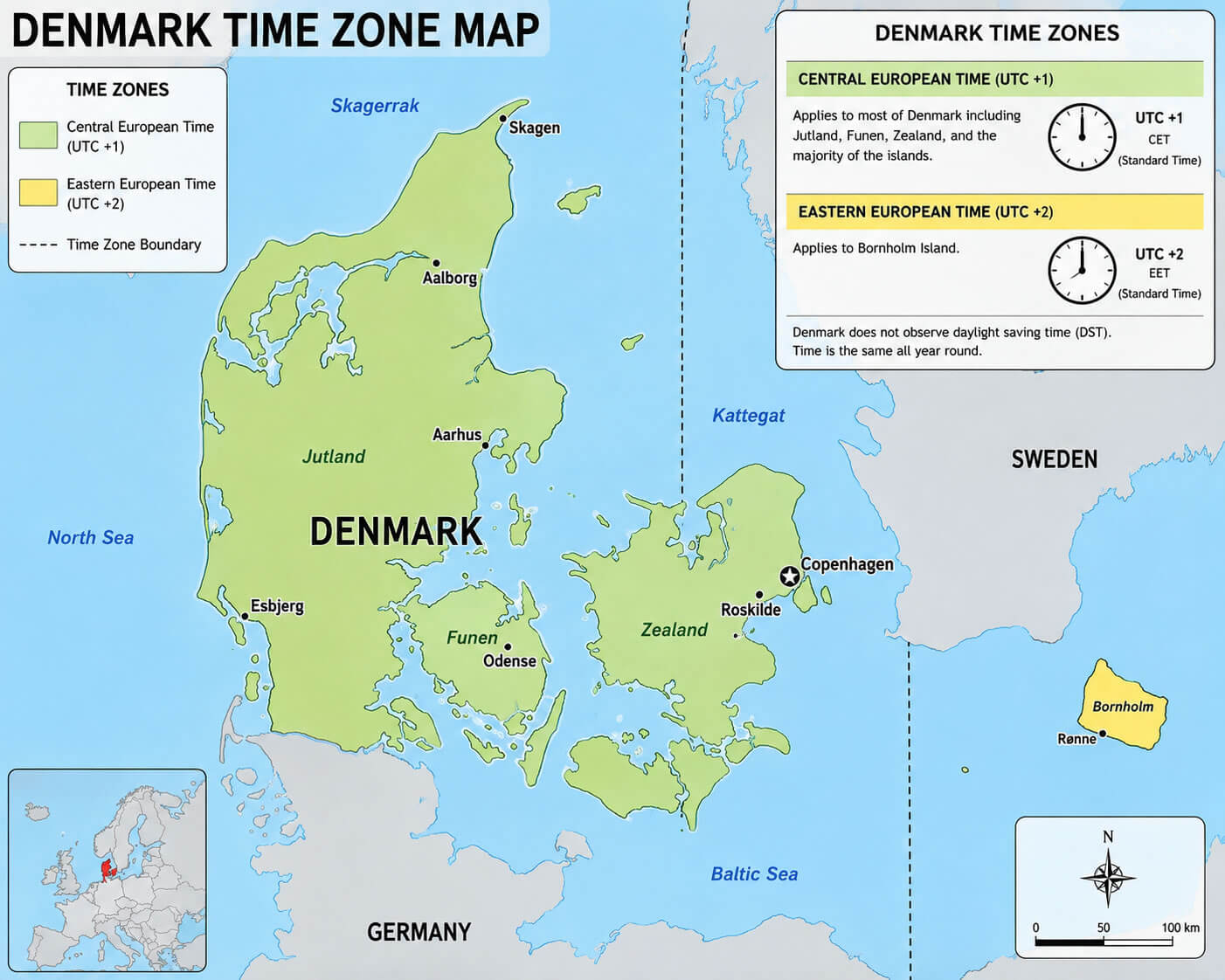 Denmark UTC +1 time zone map