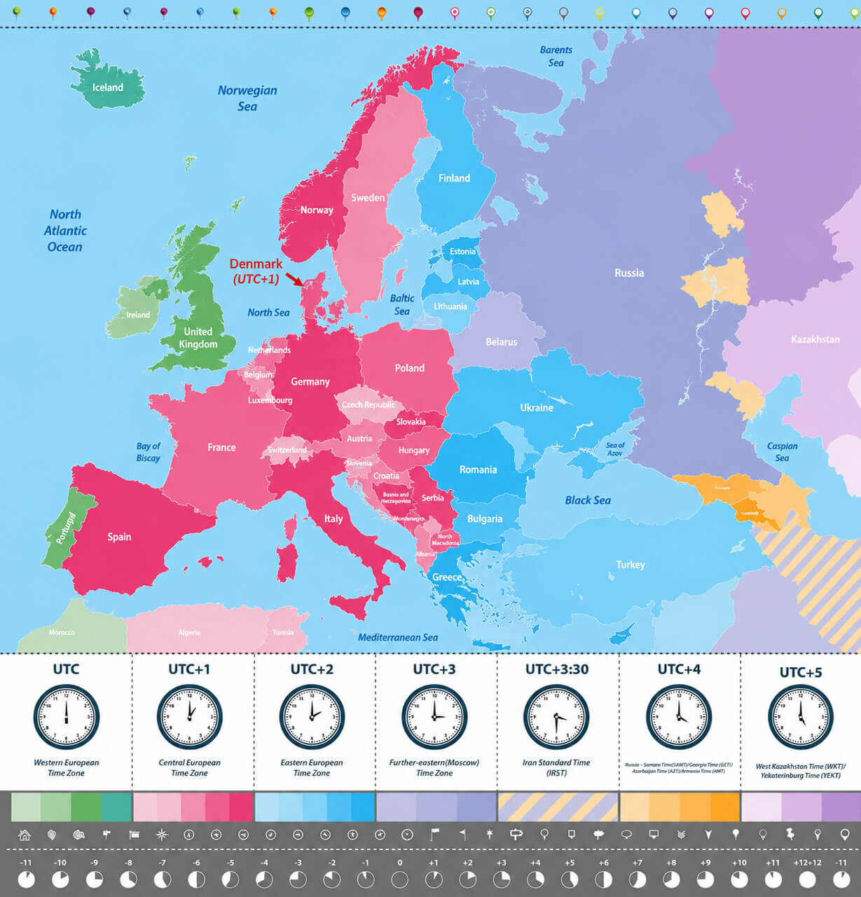 Europe time zone map with utc offsets