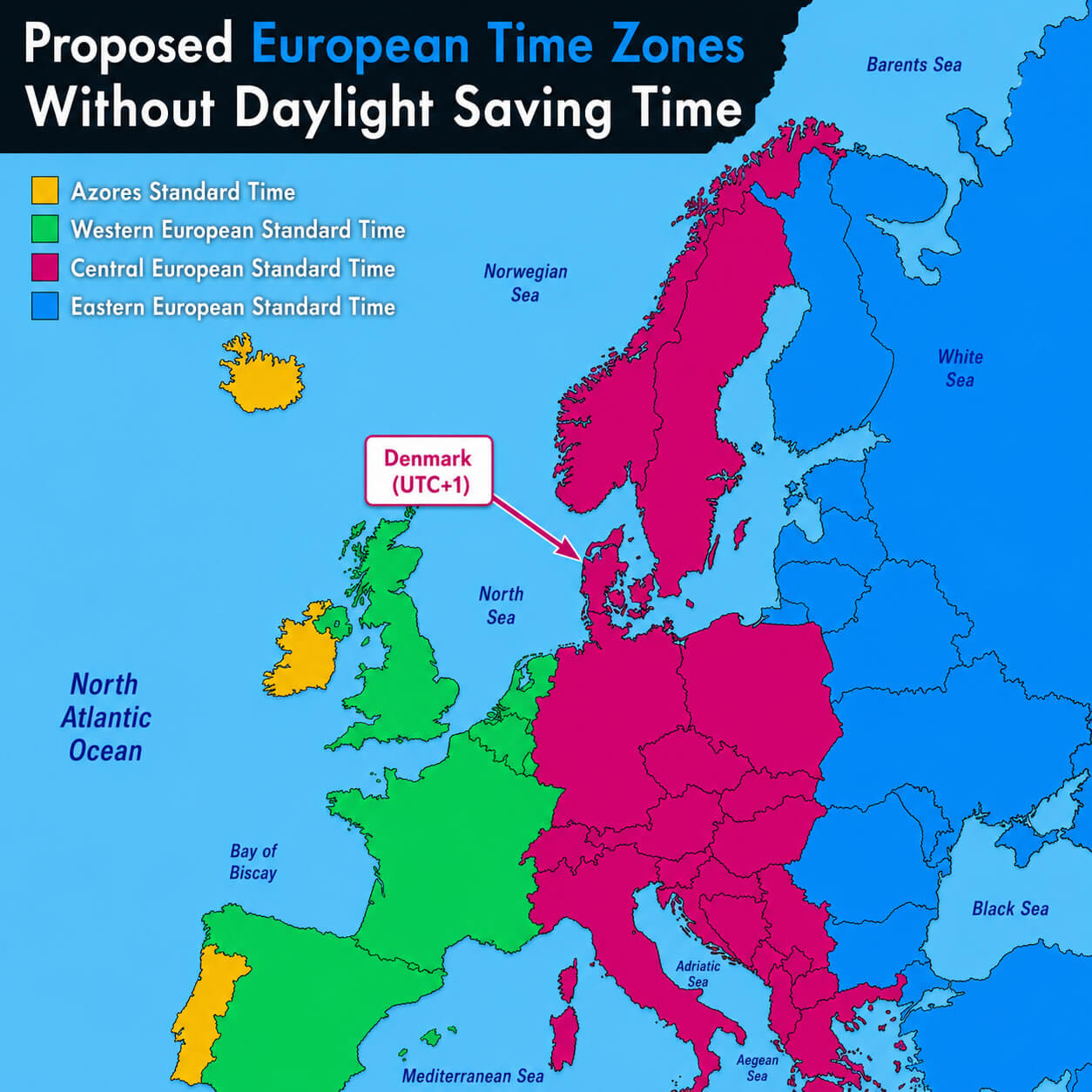 Europe time zones without daylight saving time map