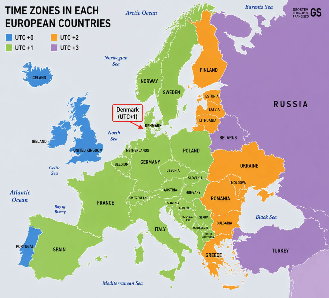 European countries time zones map