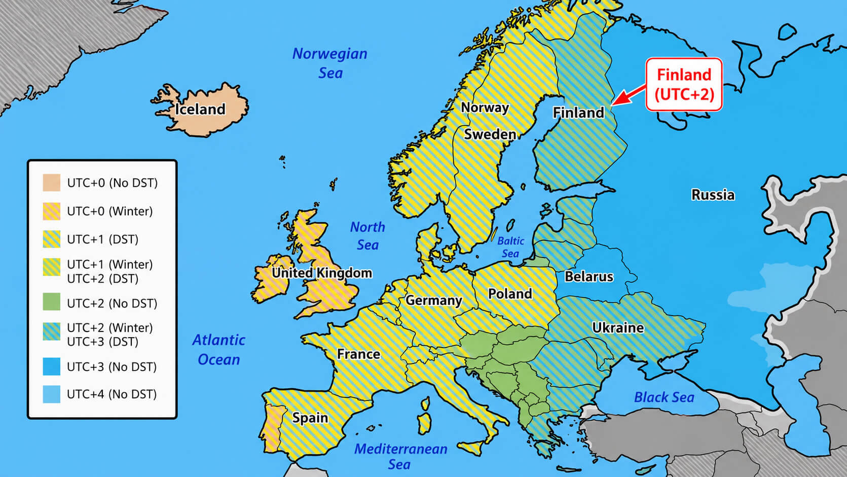 Europe time zone map with Finland