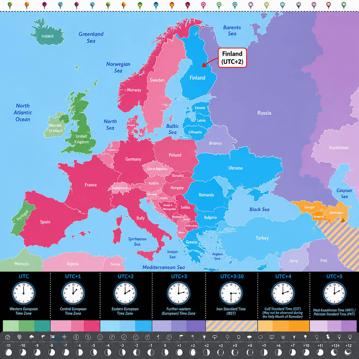 Europe time zone map with UTC offsets