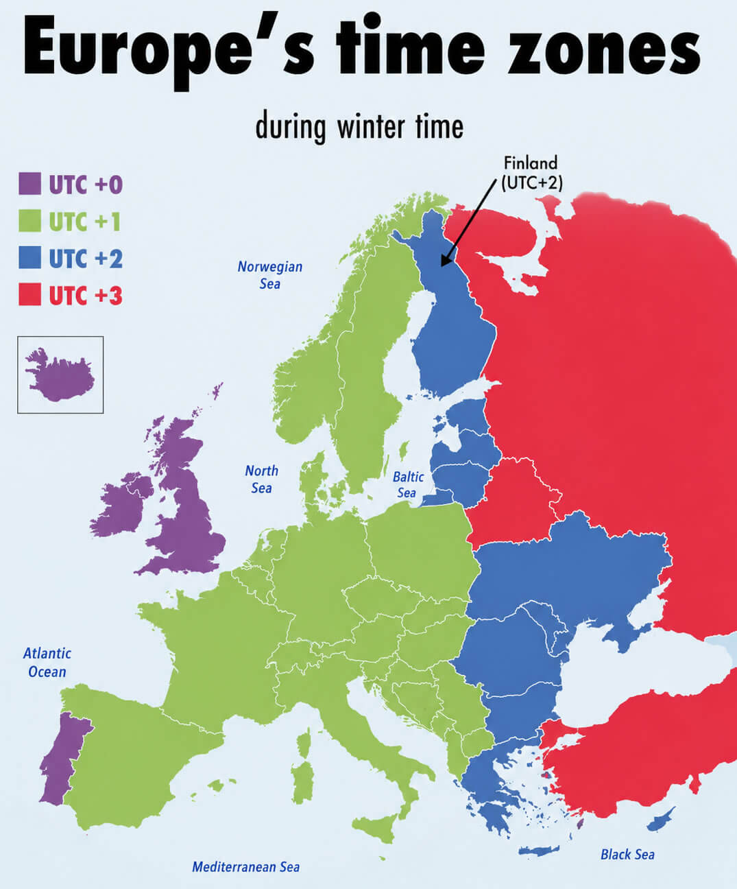 Europes time zones during winter map