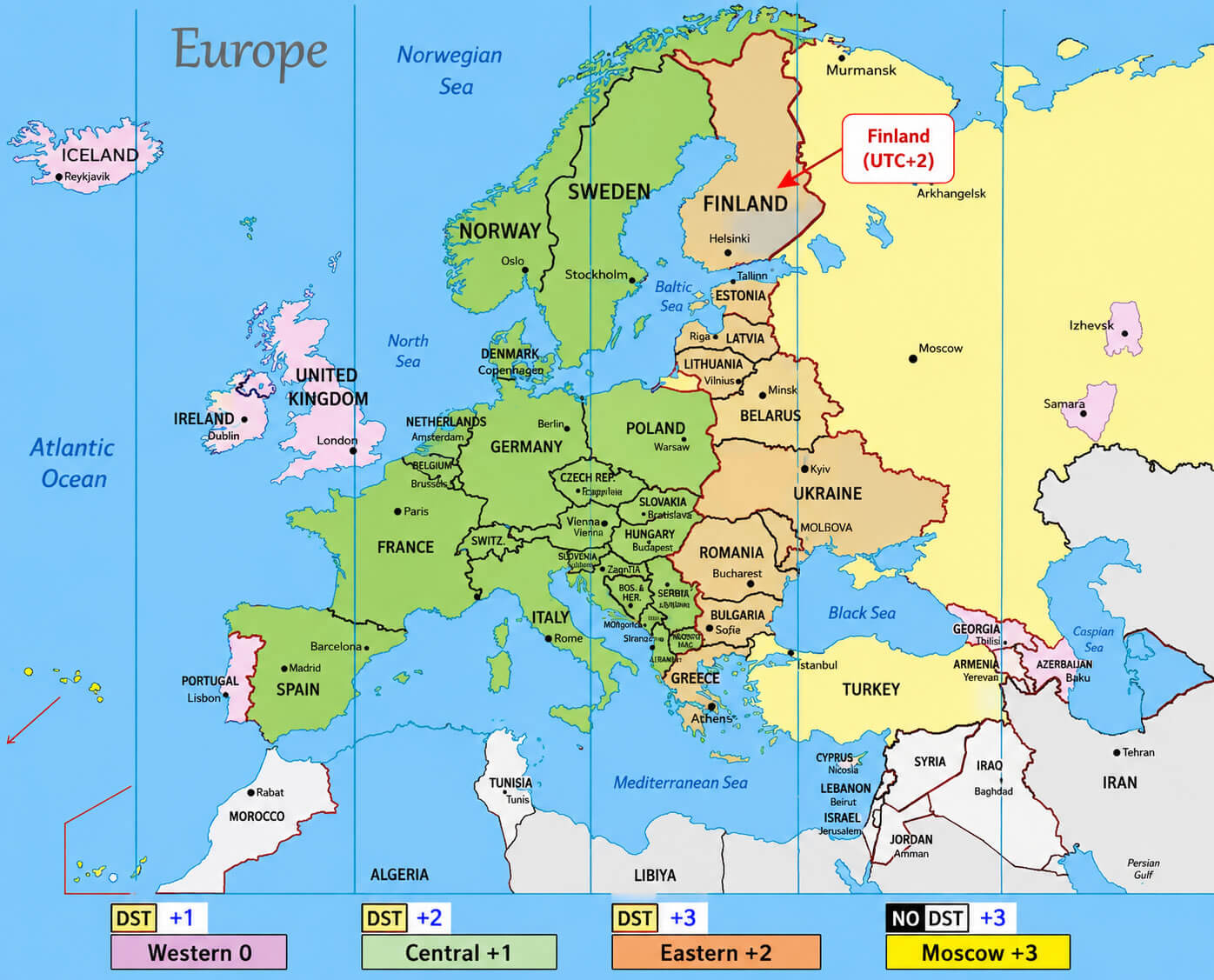 Finland on Europe time zone map