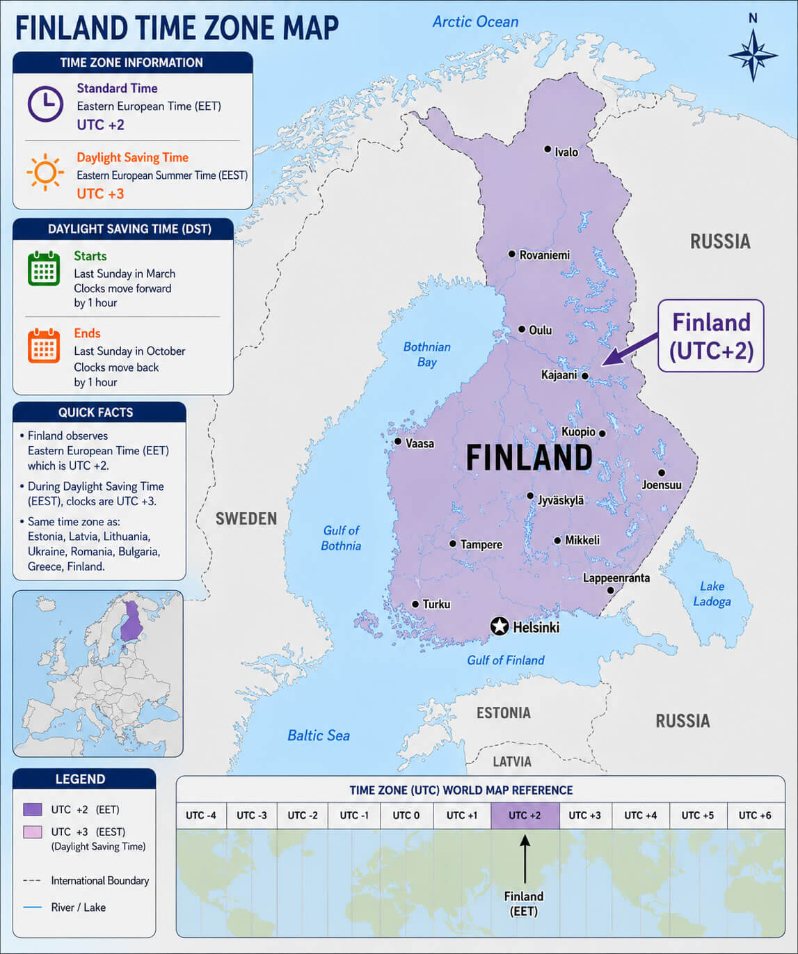 Finland UTC +2 time zone map