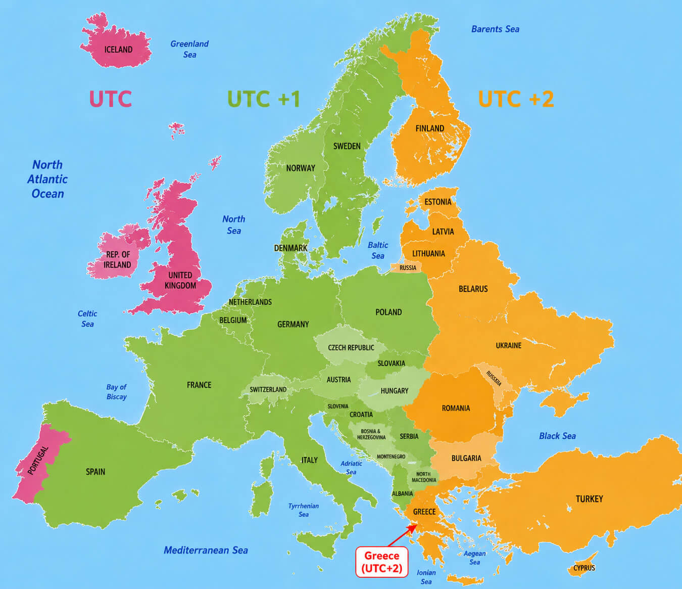 Eastern and Central Europe time zones map