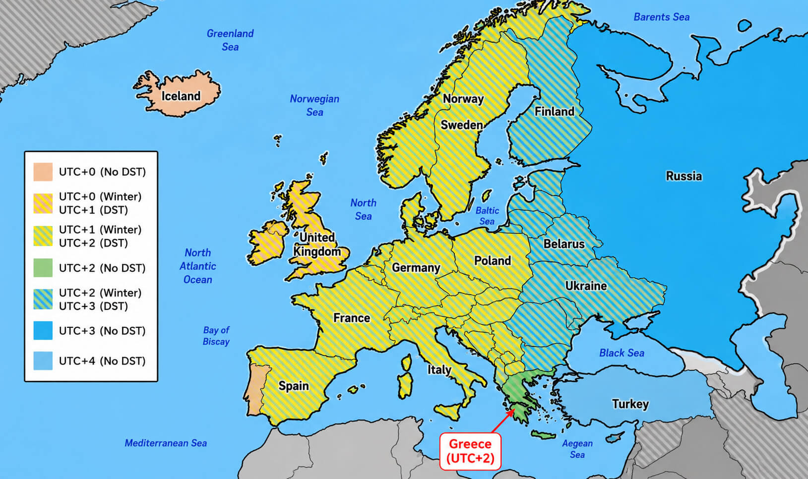 Europe time zone map with UTC offsets