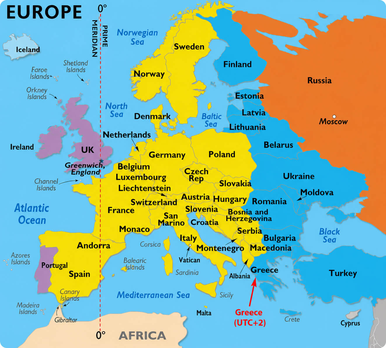 Europe time zone regions map