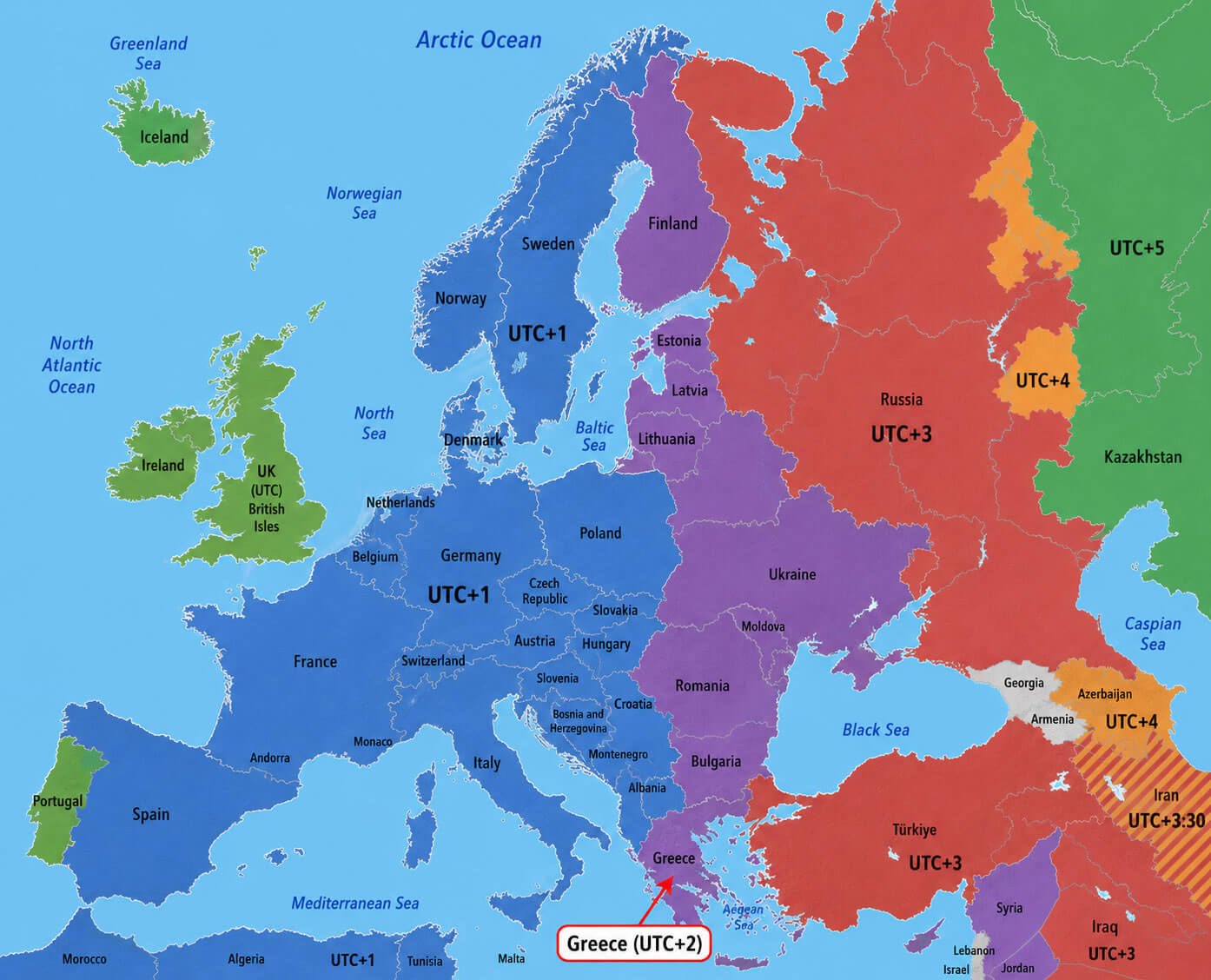 Europe UTC time zone map