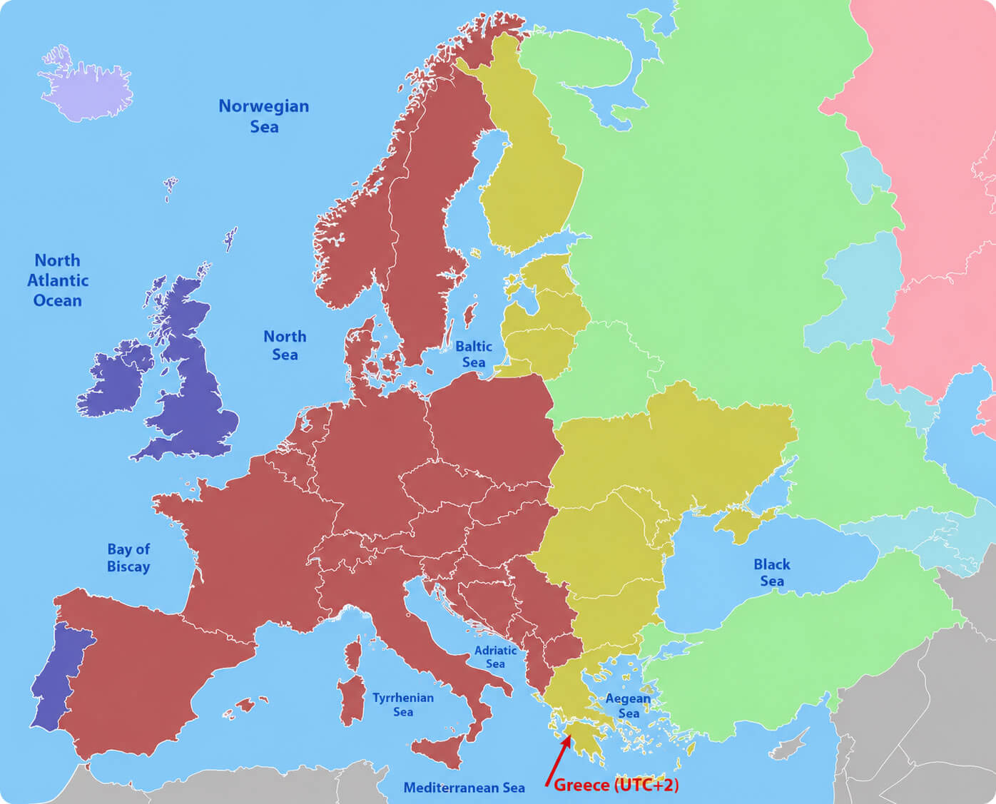 Greece time zone in Europe map