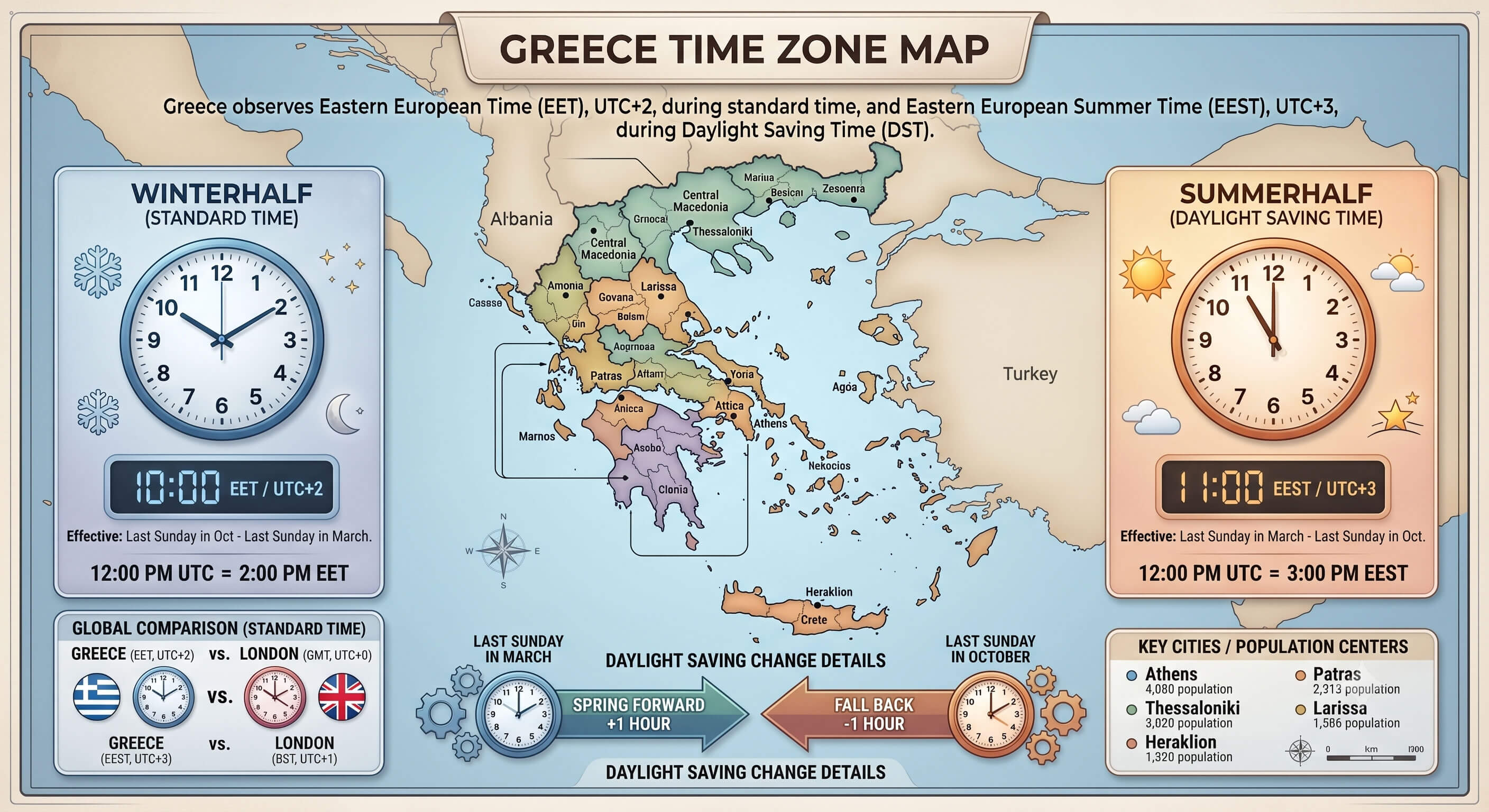 Greece UTC +2 time zone map