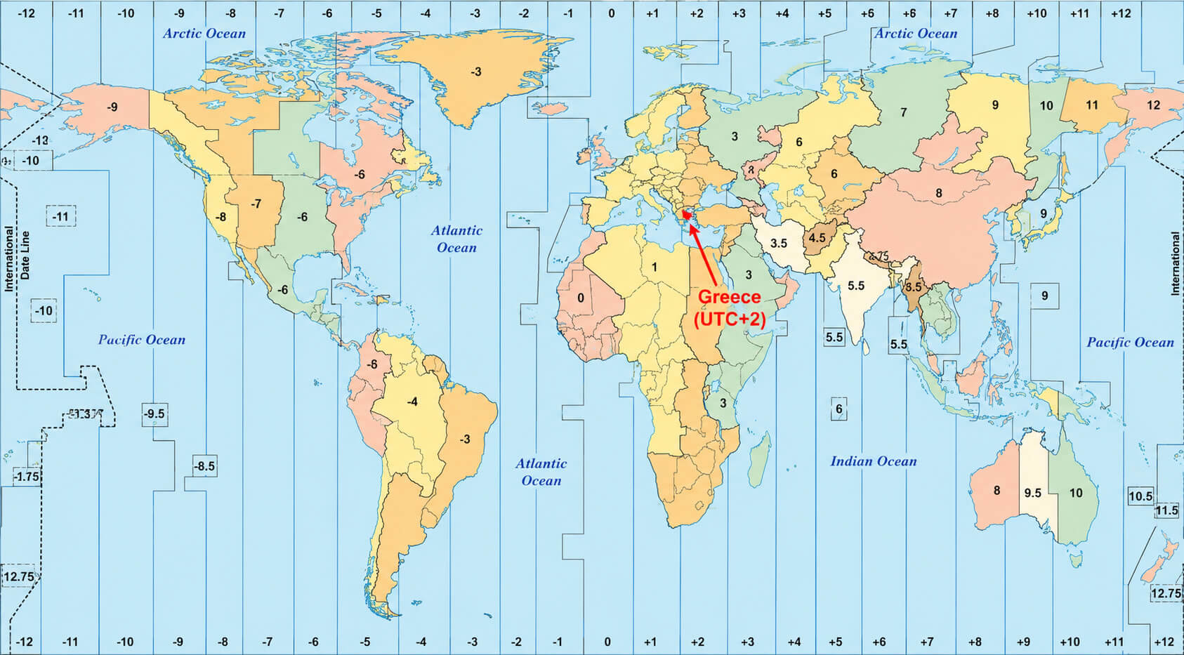 World time zone map with Greece