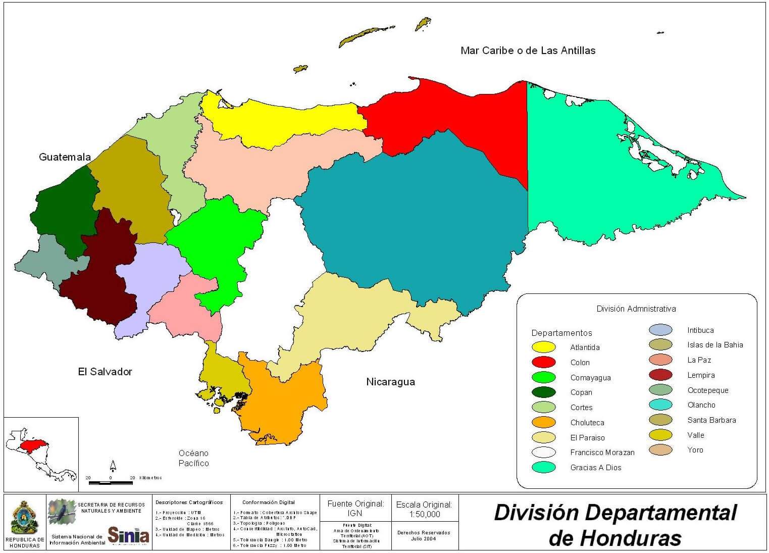 Honduras Departments Division Map 2004