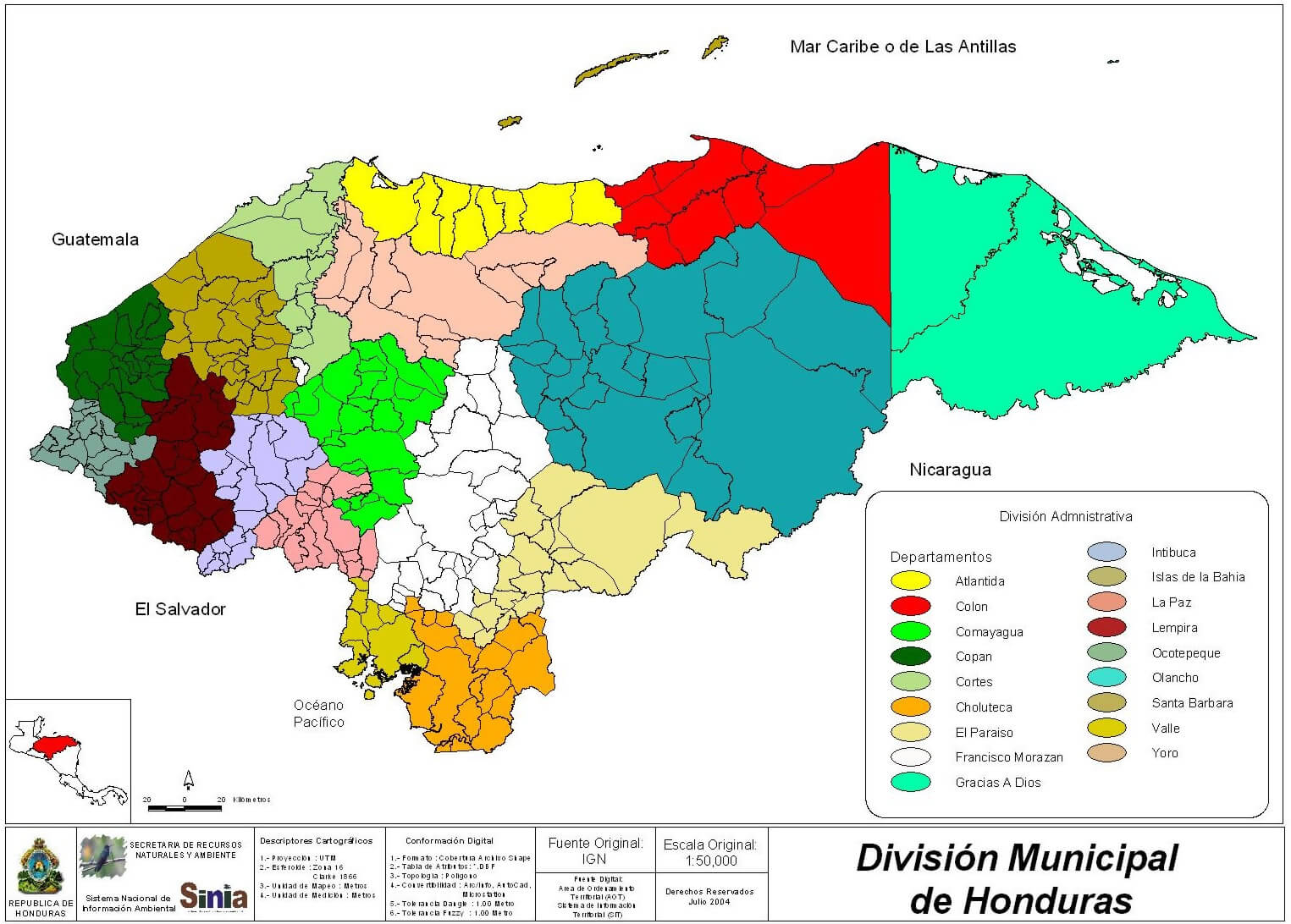 Honduras Municipal Division Map 2004