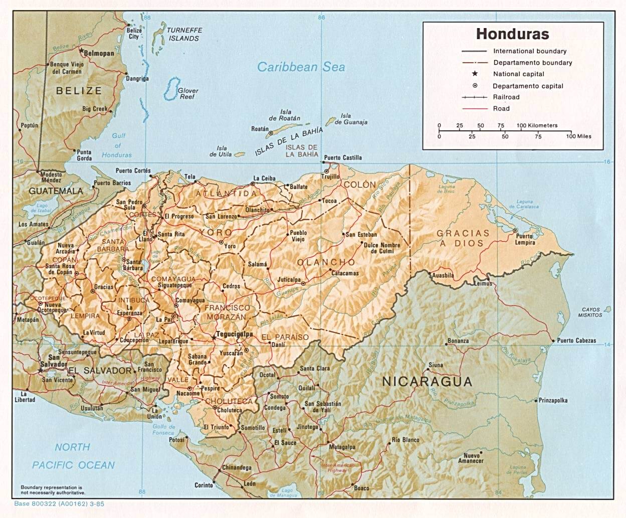 Honduras Shaded Relief Map 1985