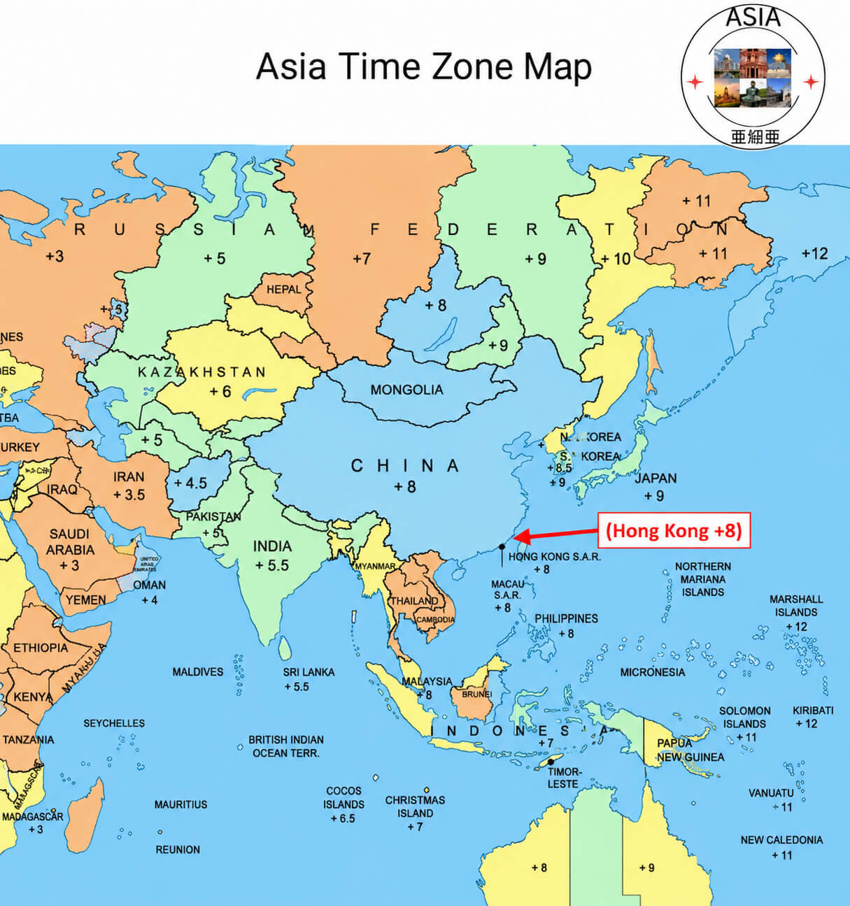 Asia time zone map with Hong Kong