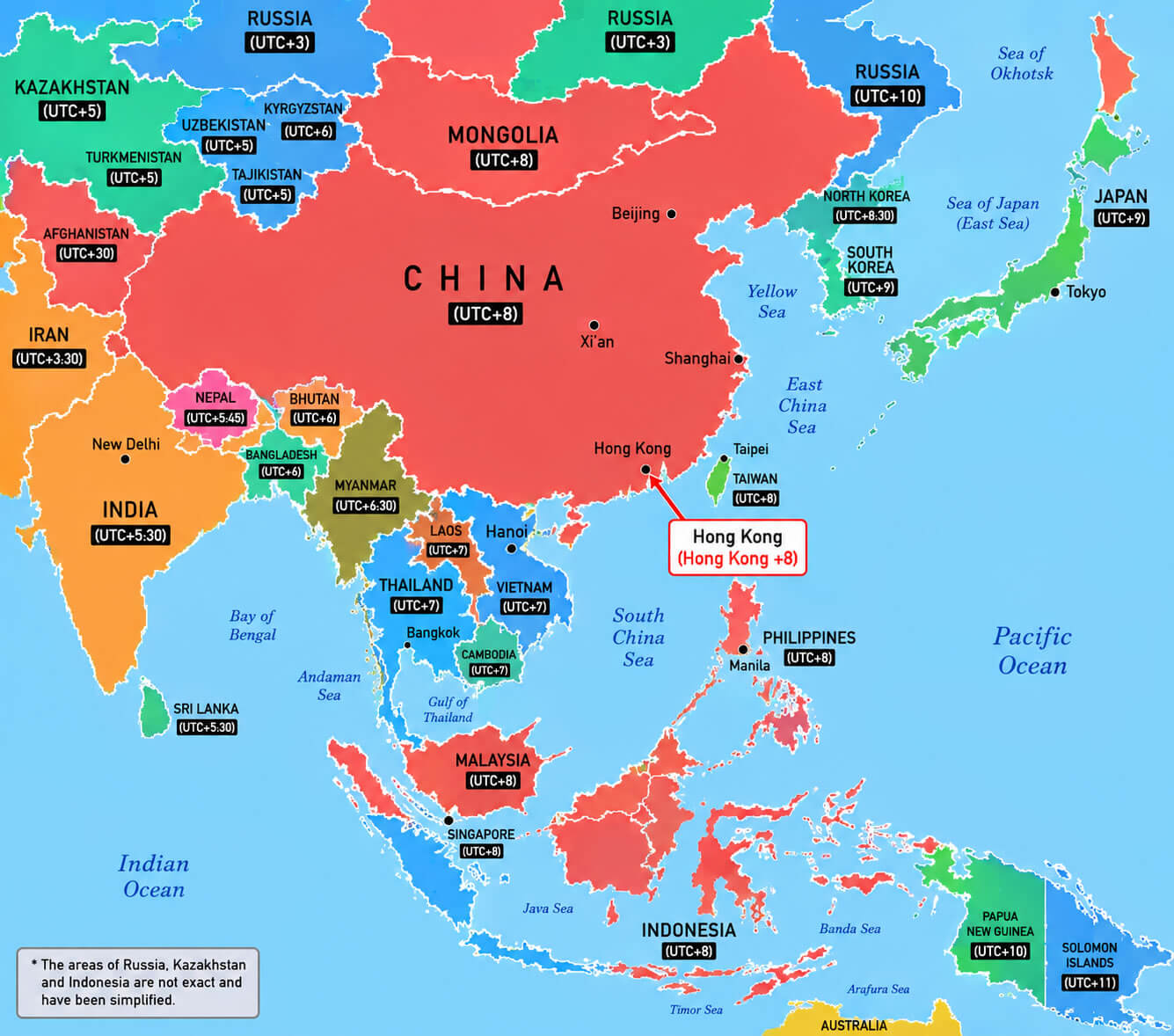 Asia UTC time zone map with Hong Kong