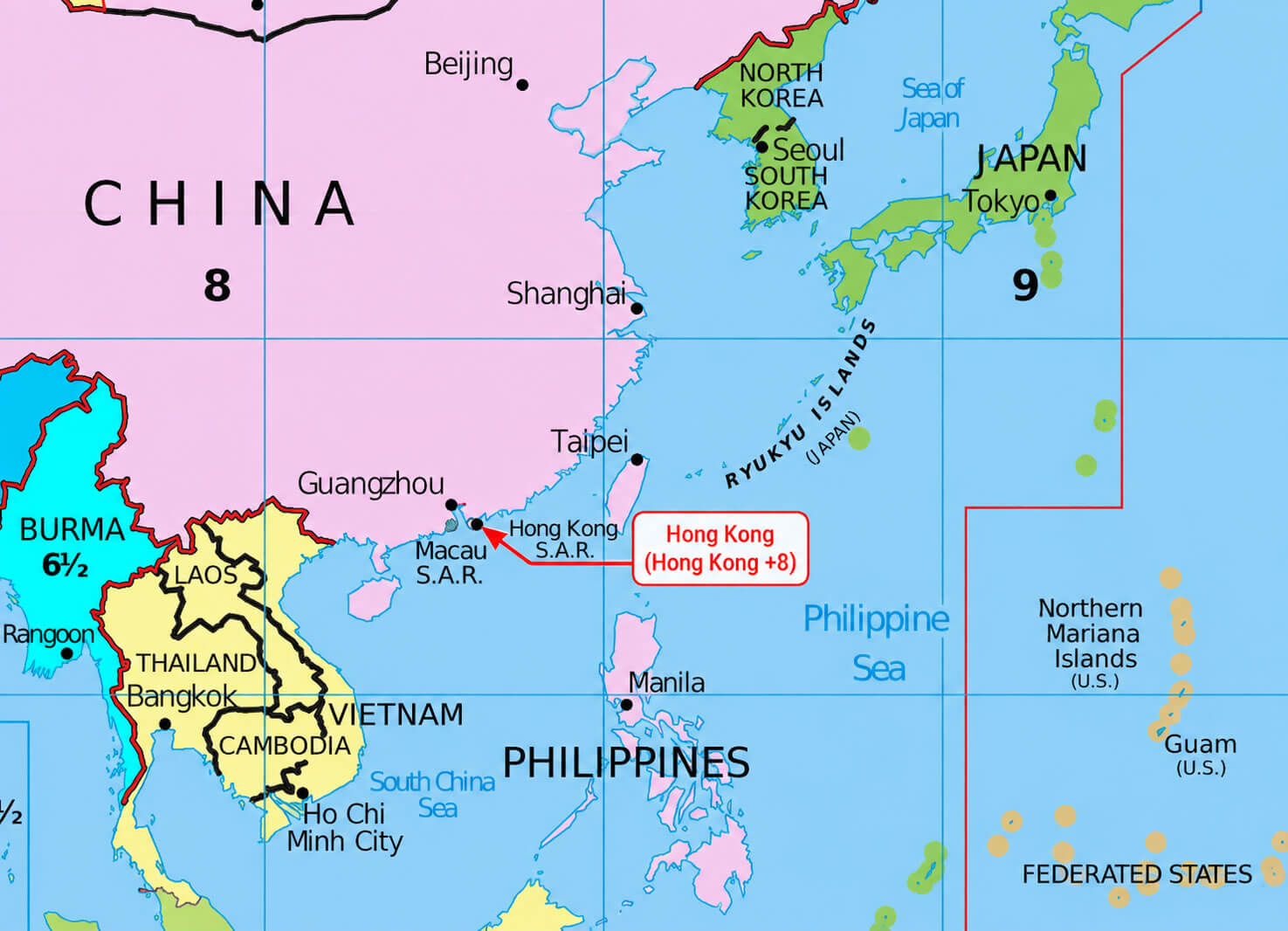 China and Hong Kong time zone map