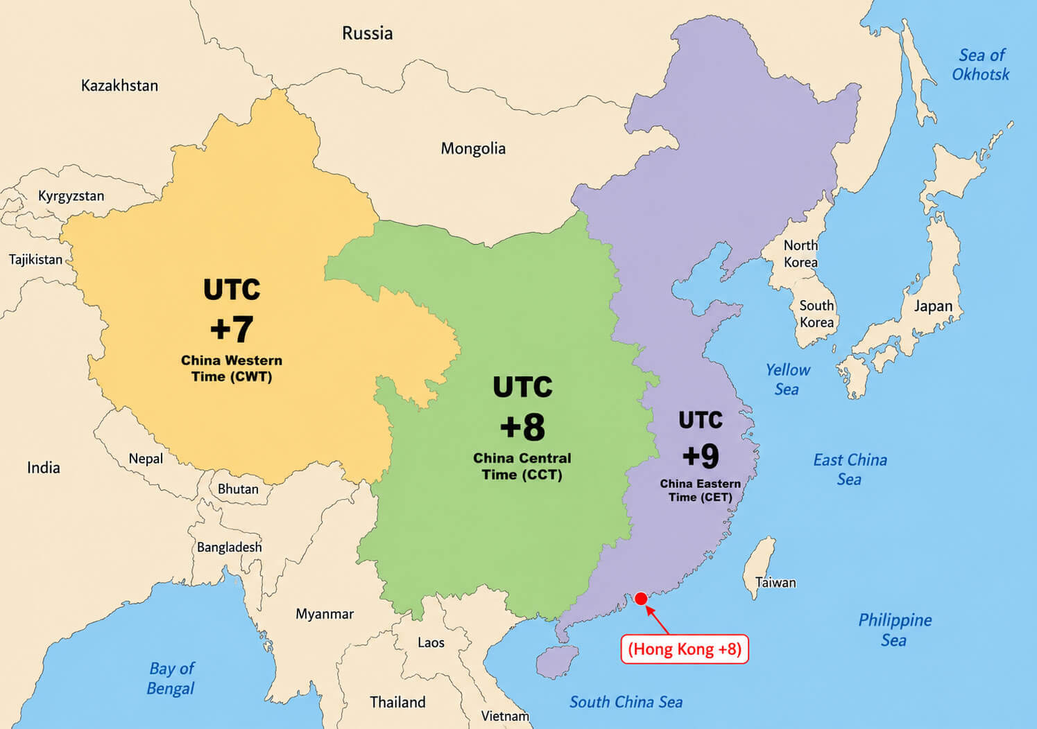 China UTC time zone map with Hong Kong