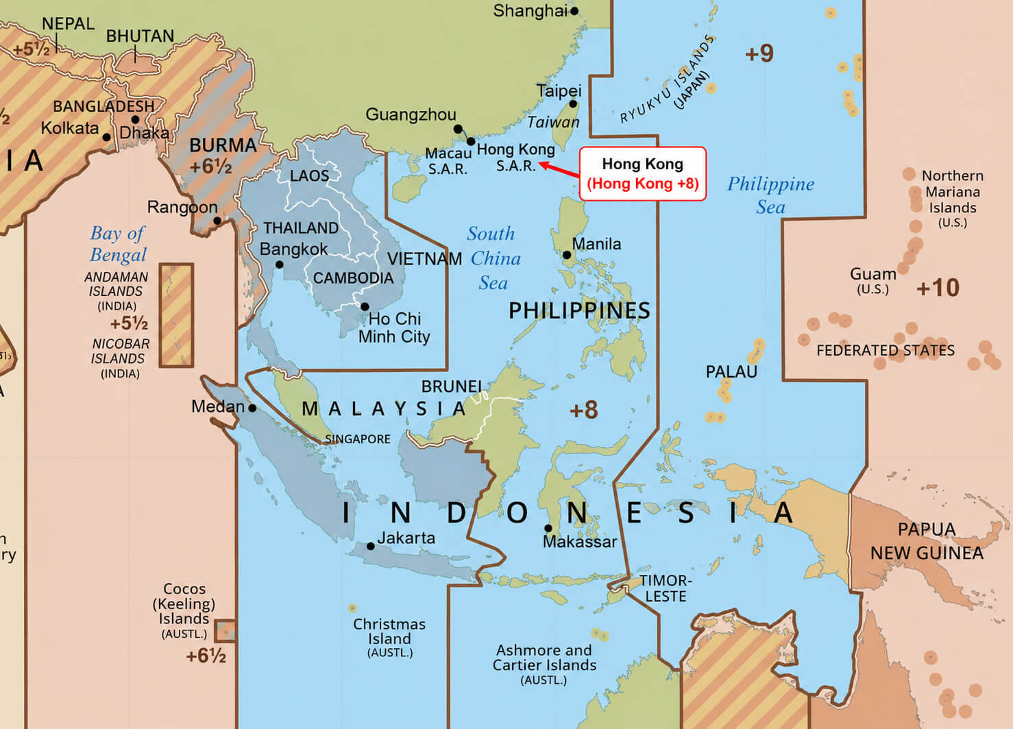 Southeast Asia time zone map with Hong Kong