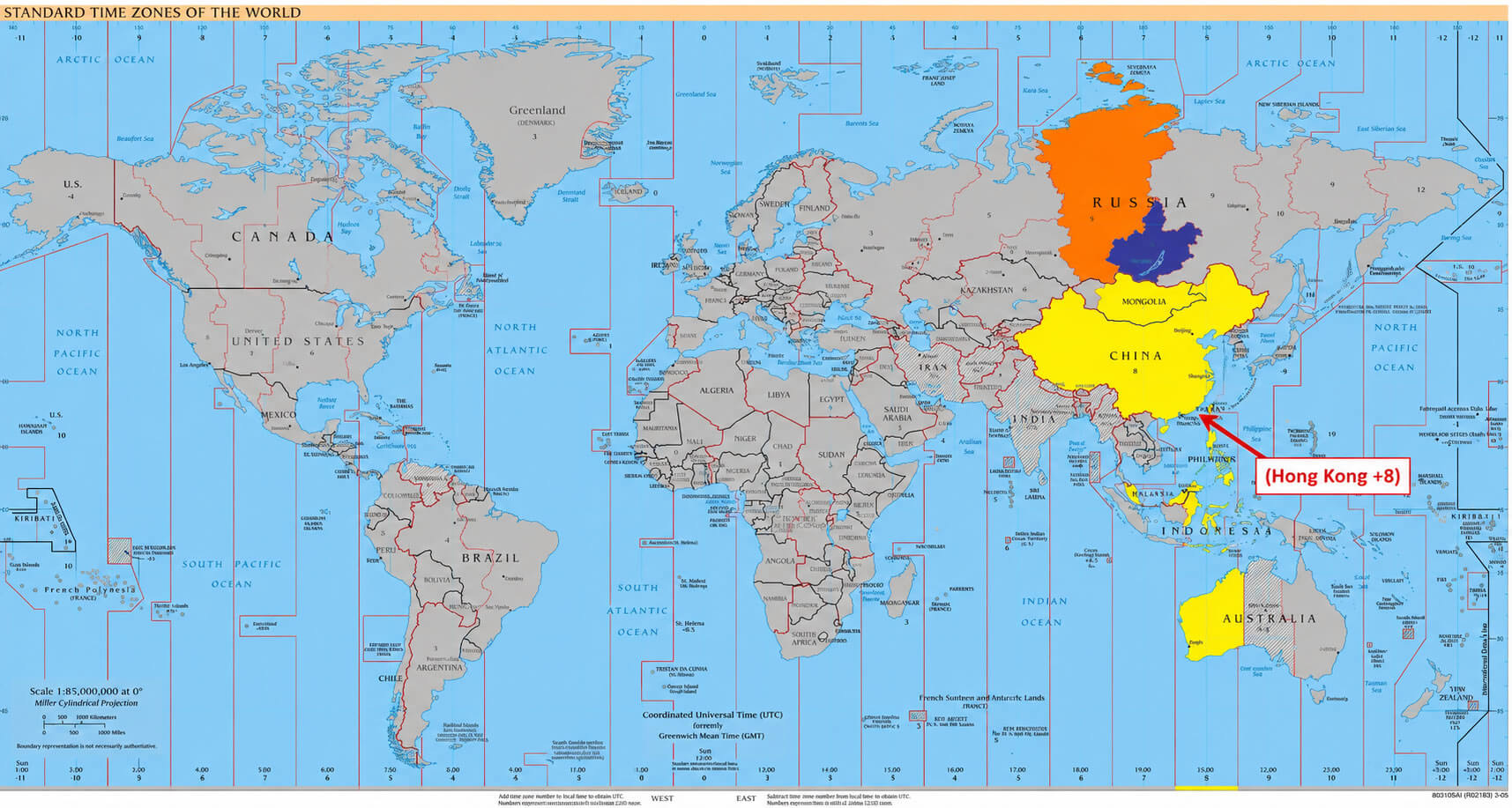 World map with Hong Kong time zone