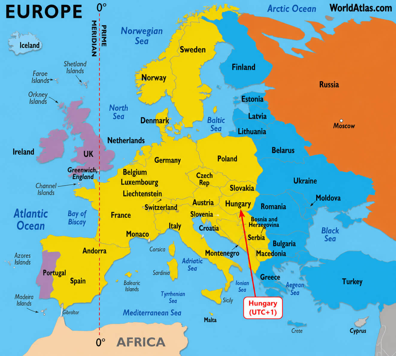 Europe countries time zone map