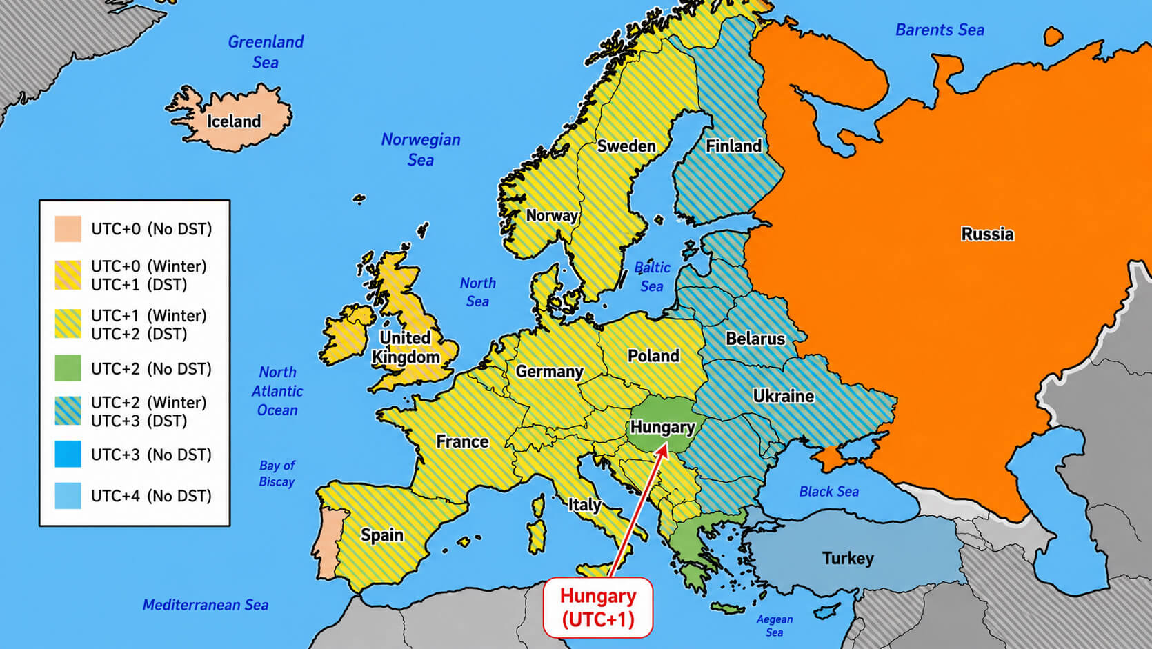 Europe time zone map with Hungary