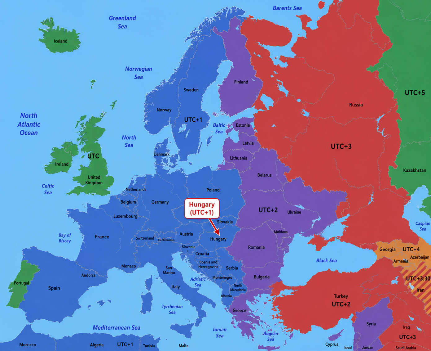 Europe UTC time zone map