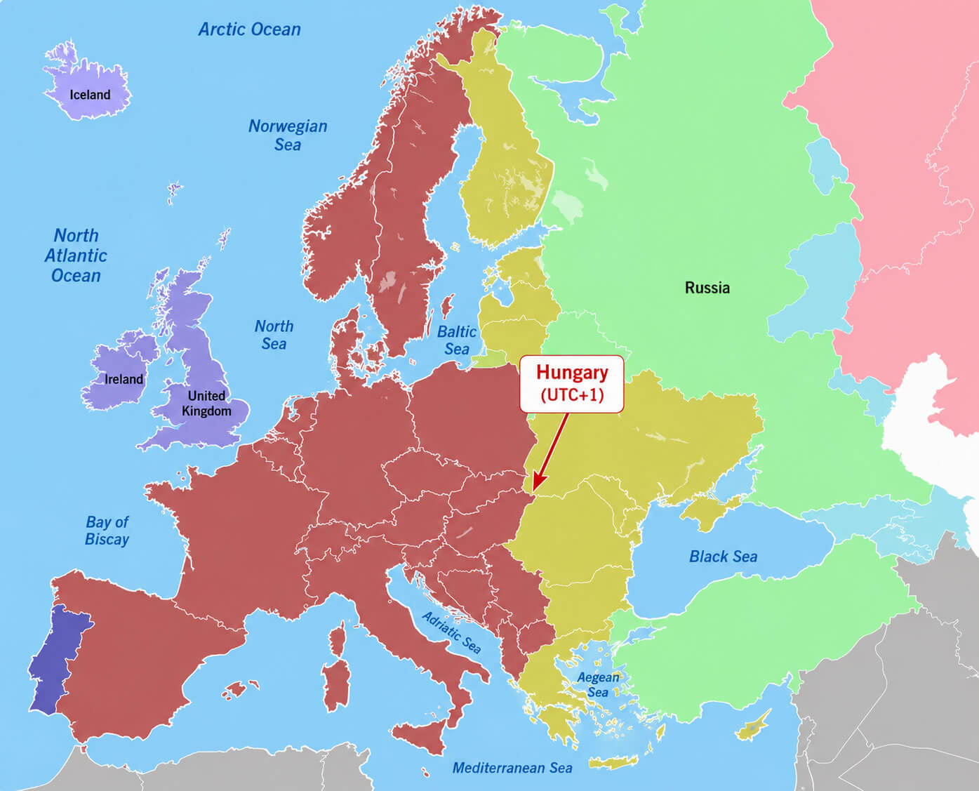 Hungary on Europe time zone map