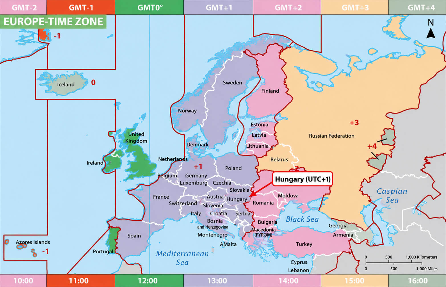 Hungary time zone in Europe map