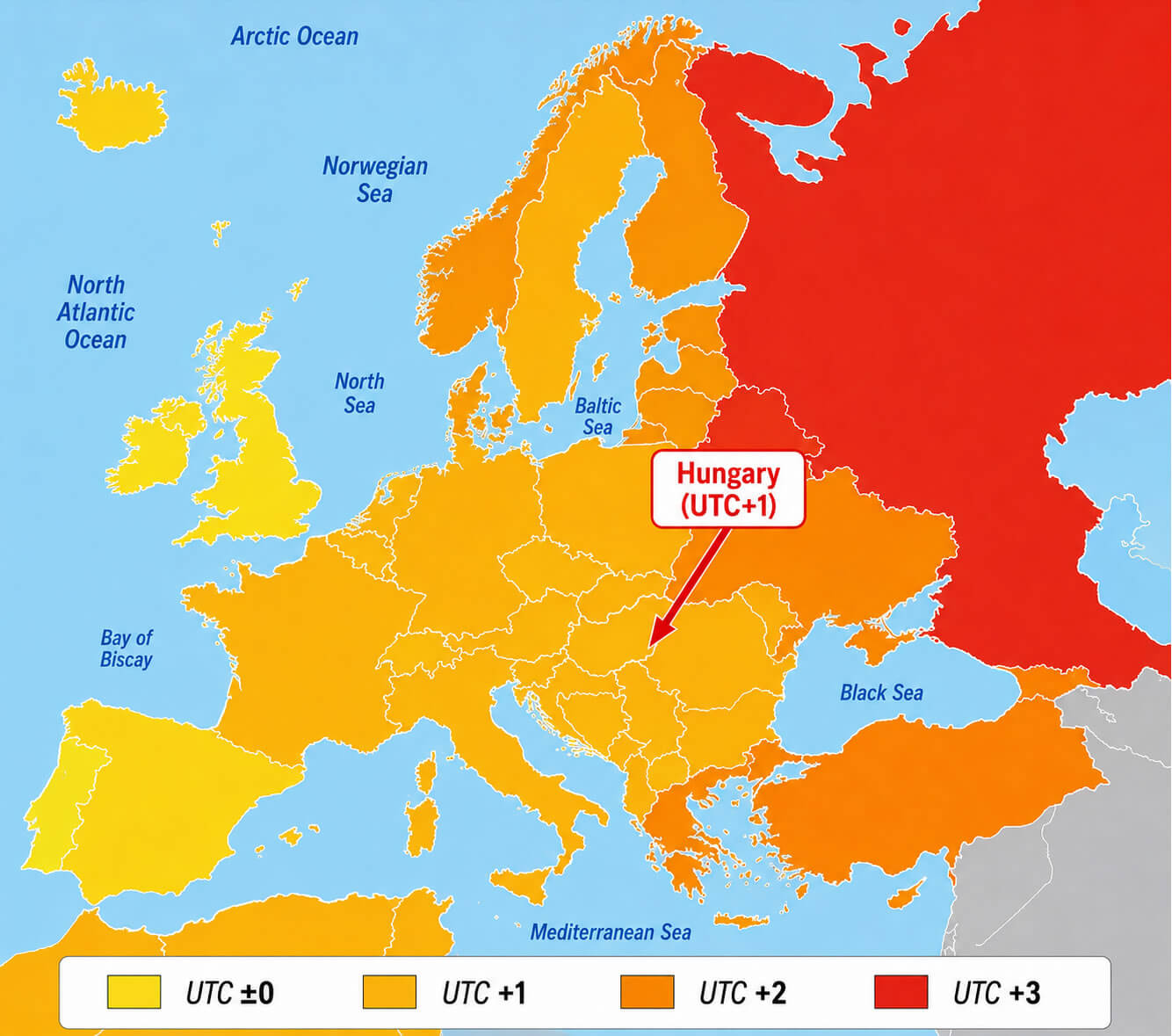 Hungary UTC +1 time zone map
