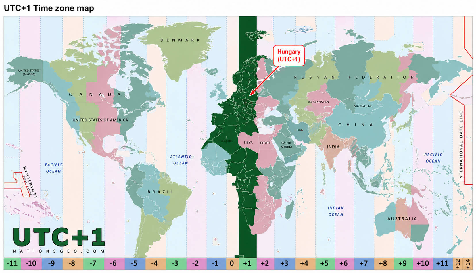 UTC +1 World time zone map