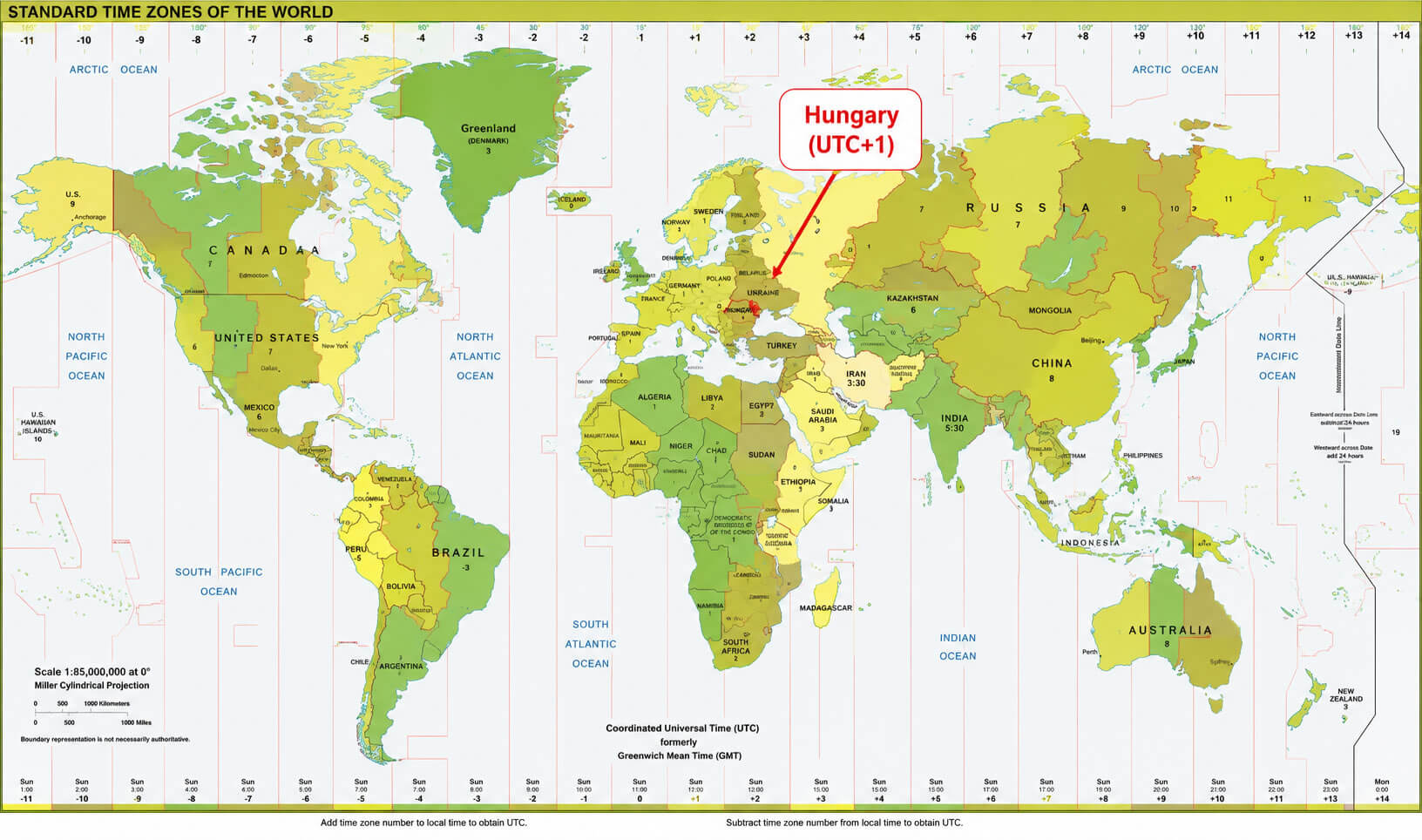 World time zone map with Hungary