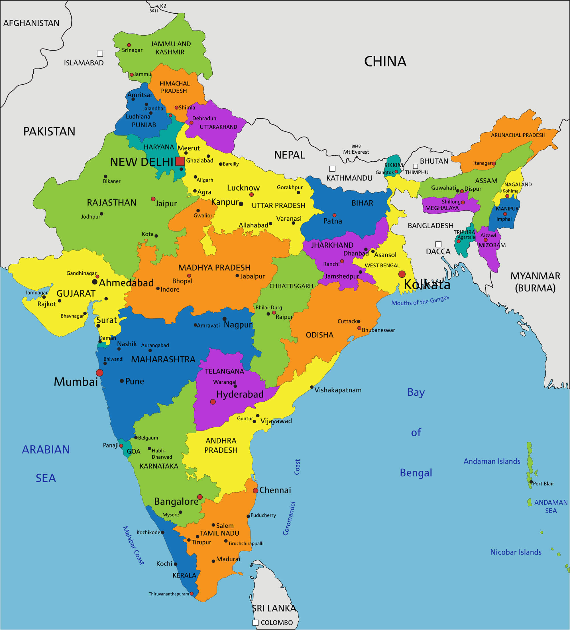 Colorful India political map