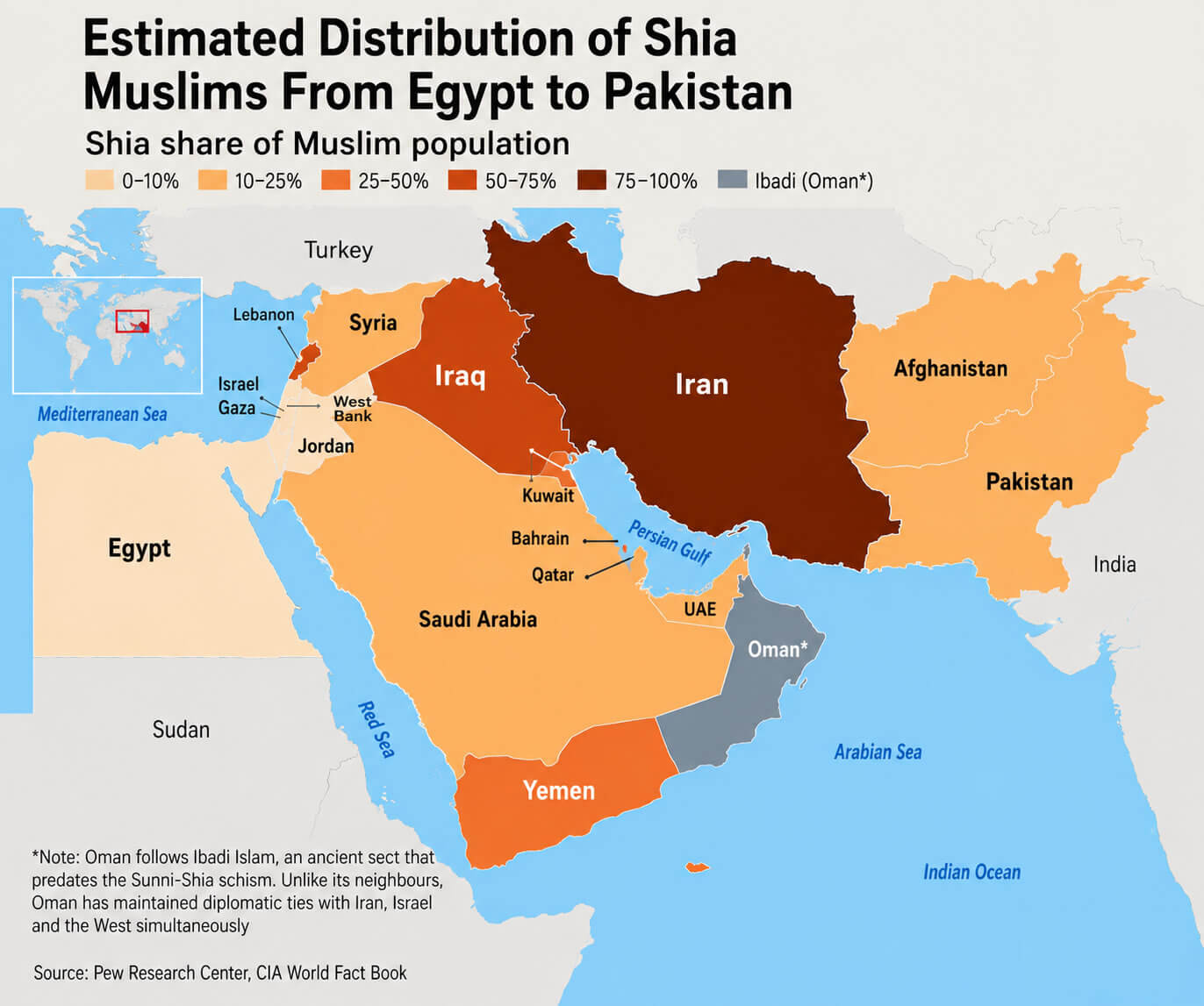Shia Muslims Egypt to Pakistan map