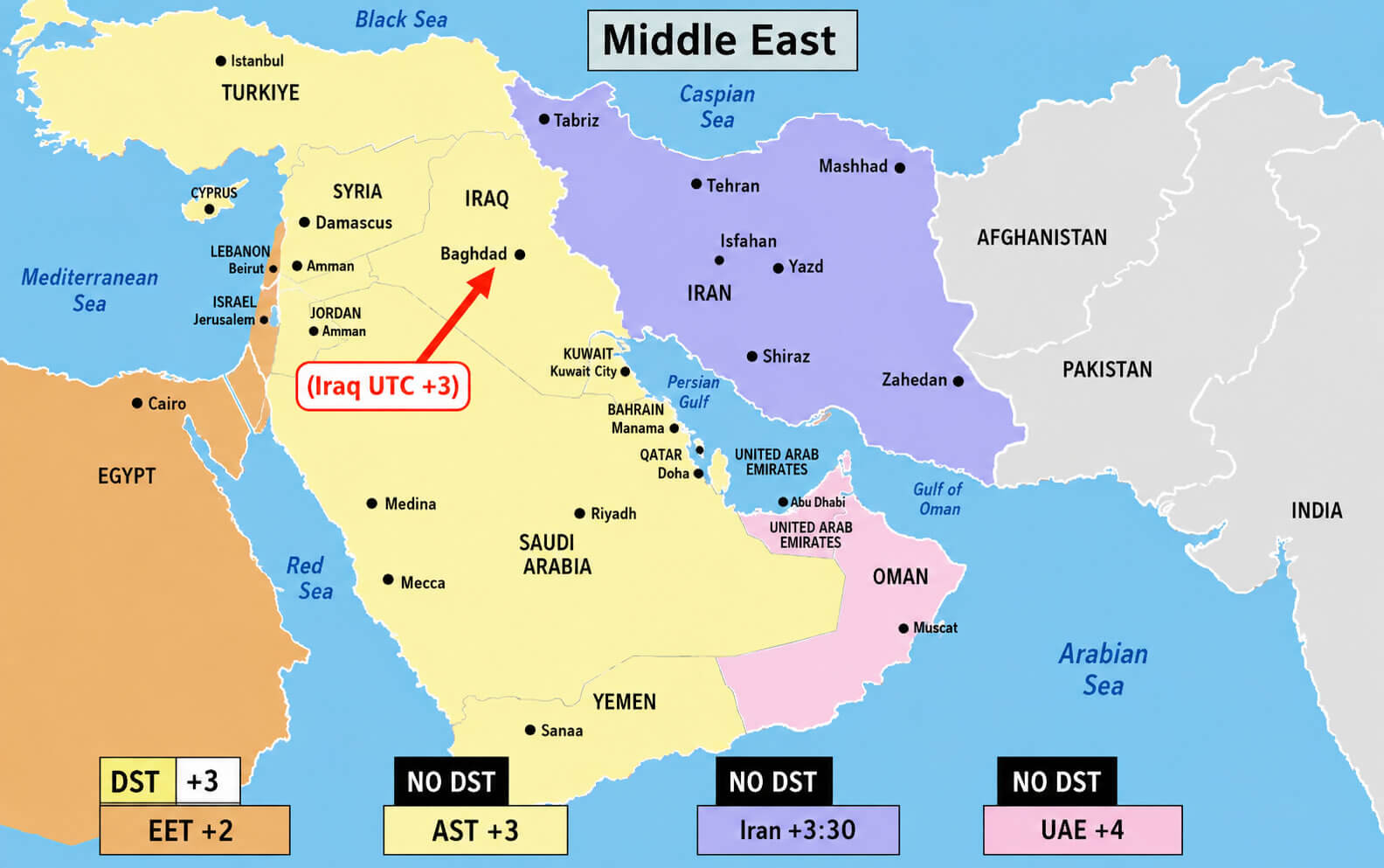 Iraq UTC +3 time zone map