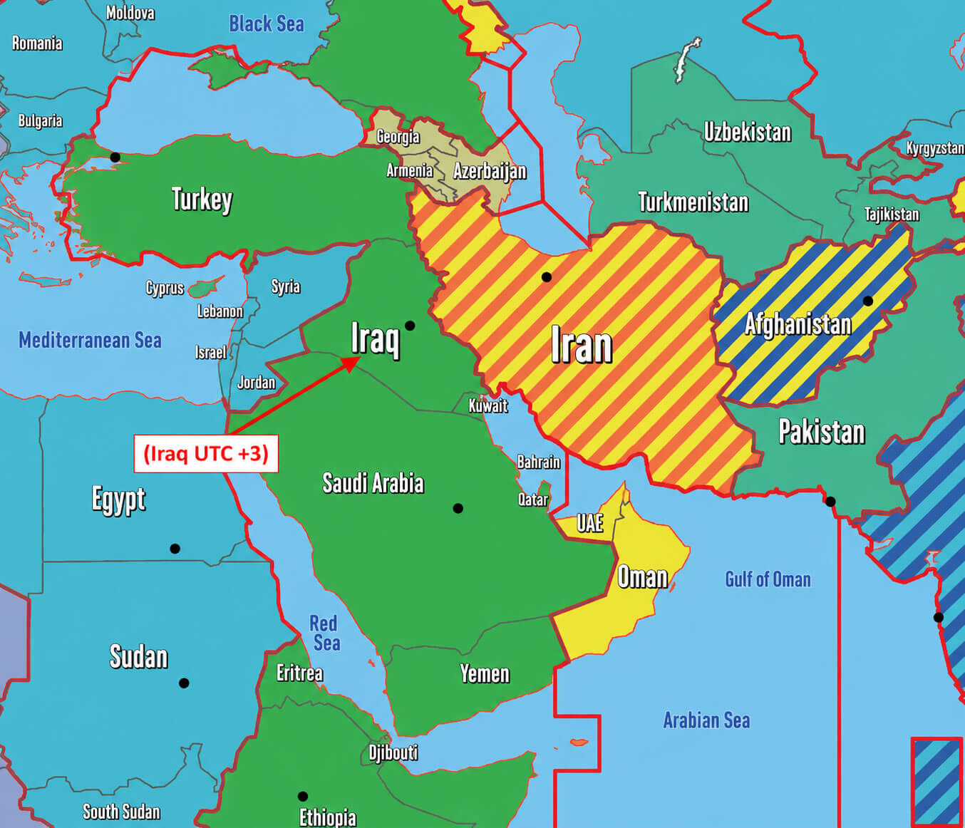 Middle East time zone map with Iraq