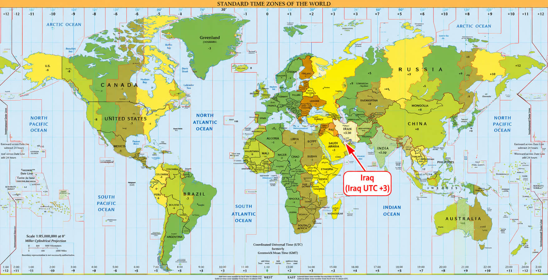 World time zone map with Iraq
