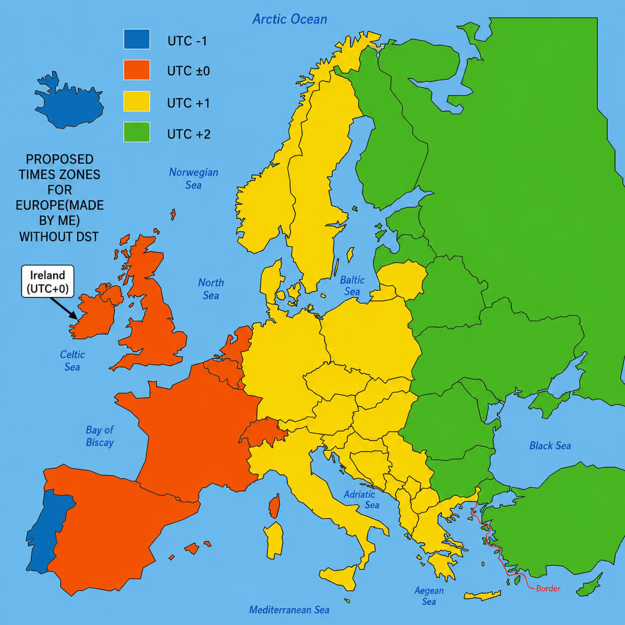 Europe time zone map with UTC colors