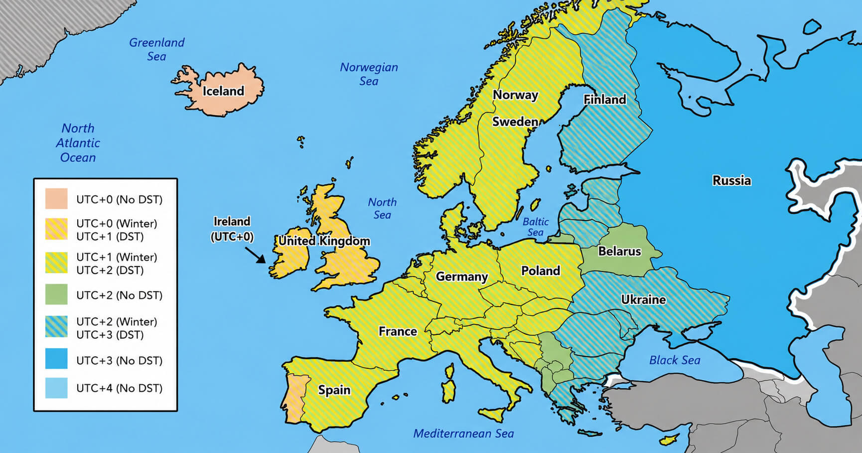 Europe time zone map with UTC +0
