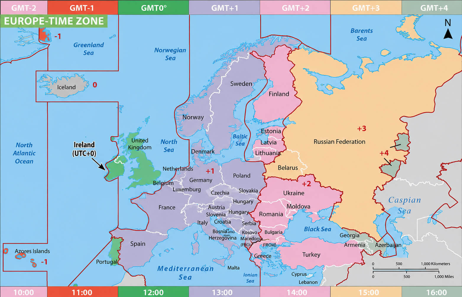 Europe time zones map with Ireland